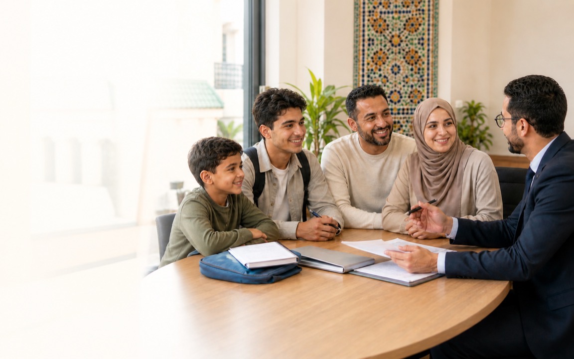Une famille reçue par son conseiller en assurance à l'agence de Meknès